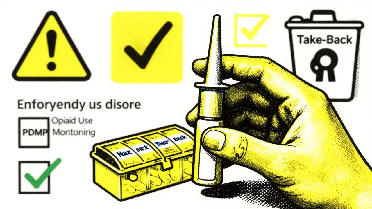 Hand holding naloxone spray with safe storage icons