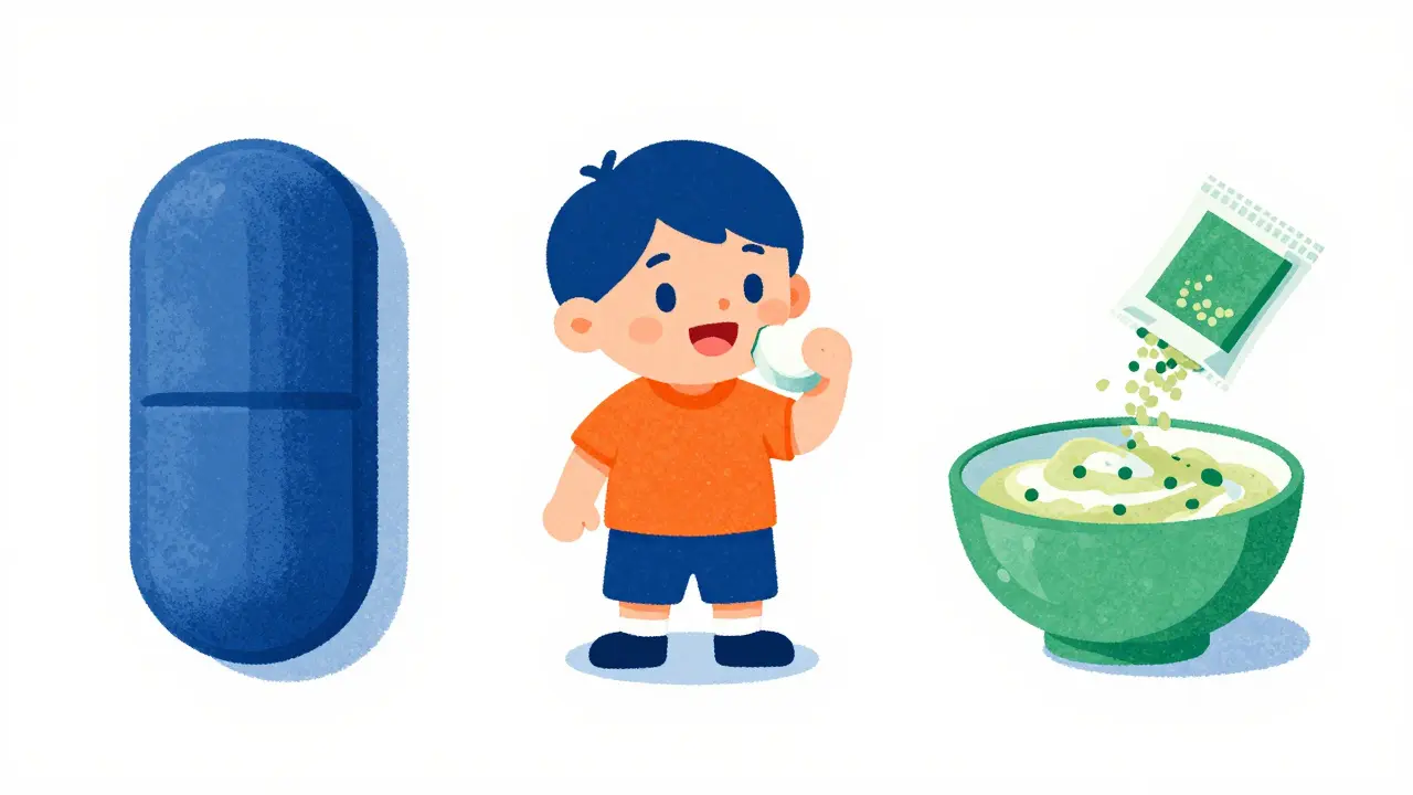 Illustration of pill, chewable, and granule forms for kids