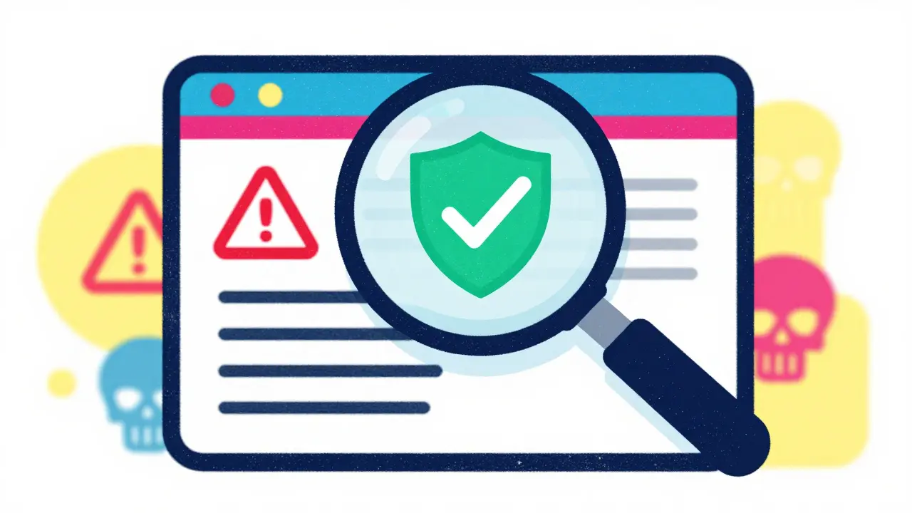 Magnifying glass checking for safety seals on an abstract online pharmacy