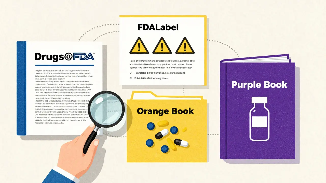 Overview of different FDA drug databases on a desk