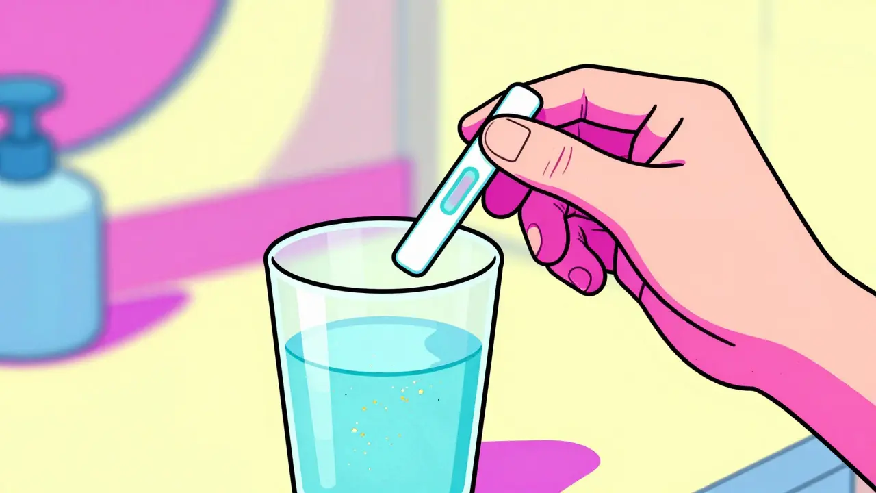 Person using test strip on crushed pill in Risograph art