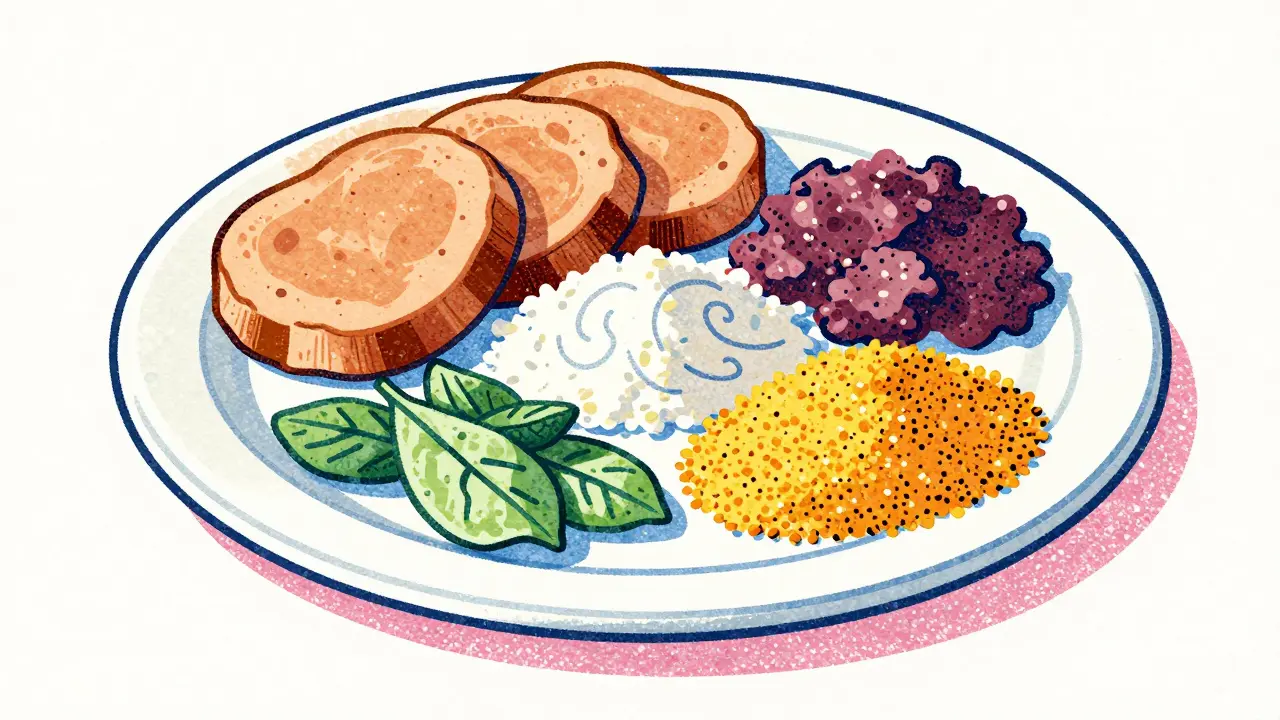 Riso illustration of a balanced low-fat meal plate with lean protein and soluble fiber.