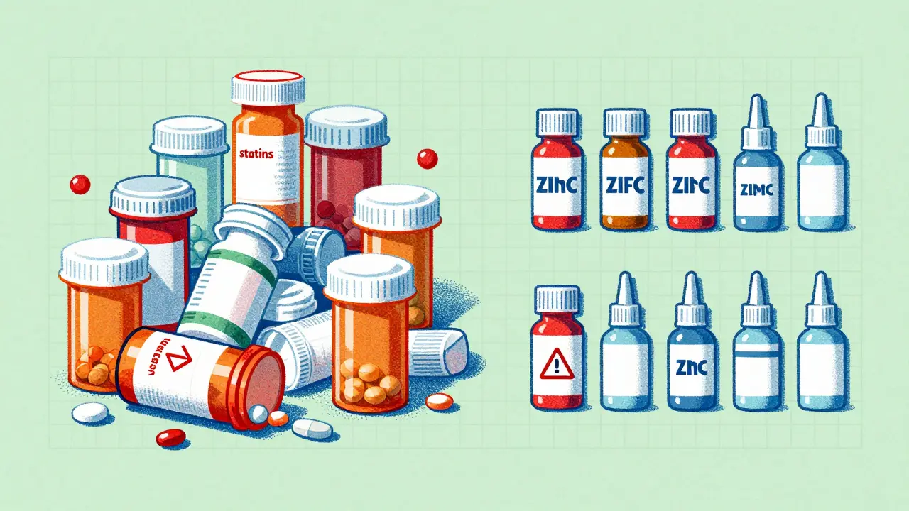Split view of risky medications versus safe herbal alternatives in pop art style.
