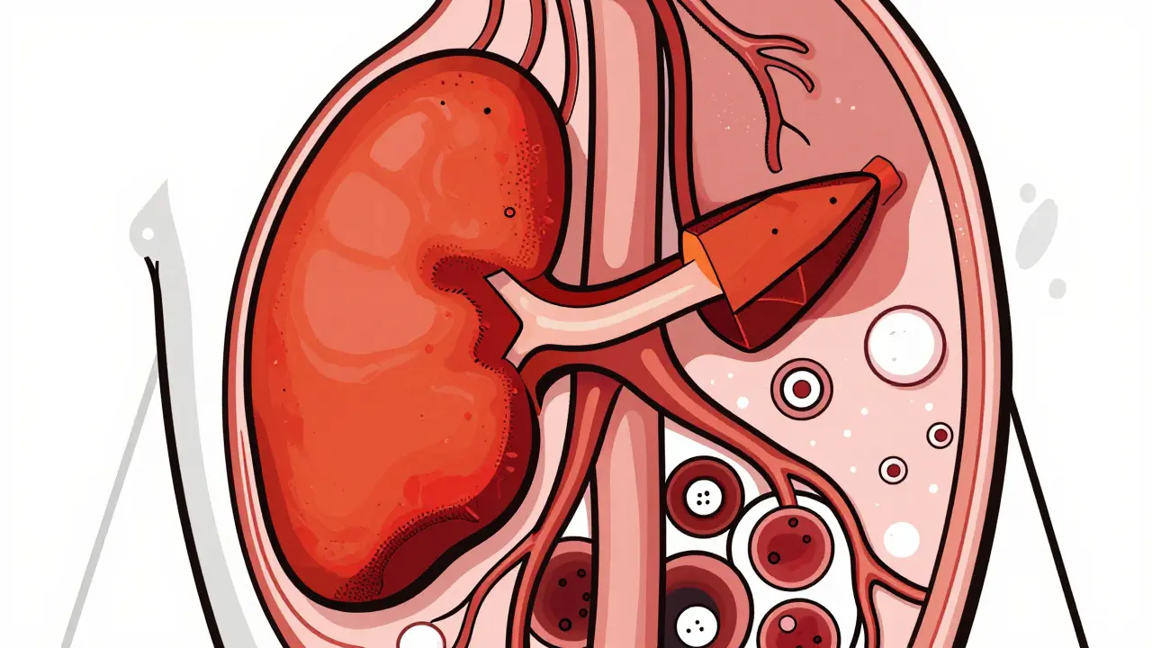 Stylized illustration of spleen and immune cells fighting virus