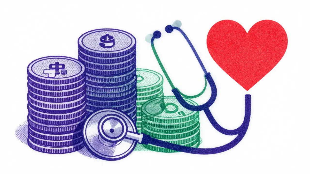 Abstract Risograph art showing money transforming into medical symbols to represent cost savings.