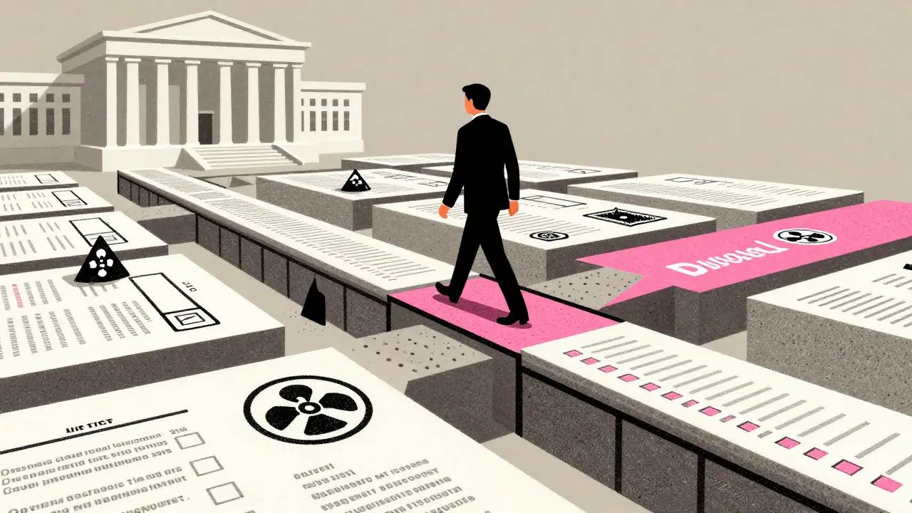 Attorney navigating procedural risks on a bridge of documents in risograph illustration
