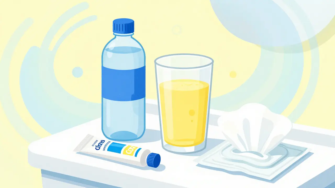 Bathroom supplies including clear liquid and skincare for prep