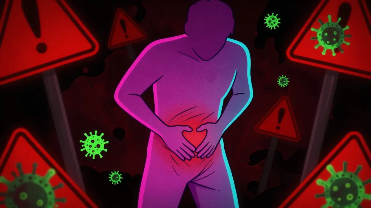 Cartoon figure in pain with infection warning symbols