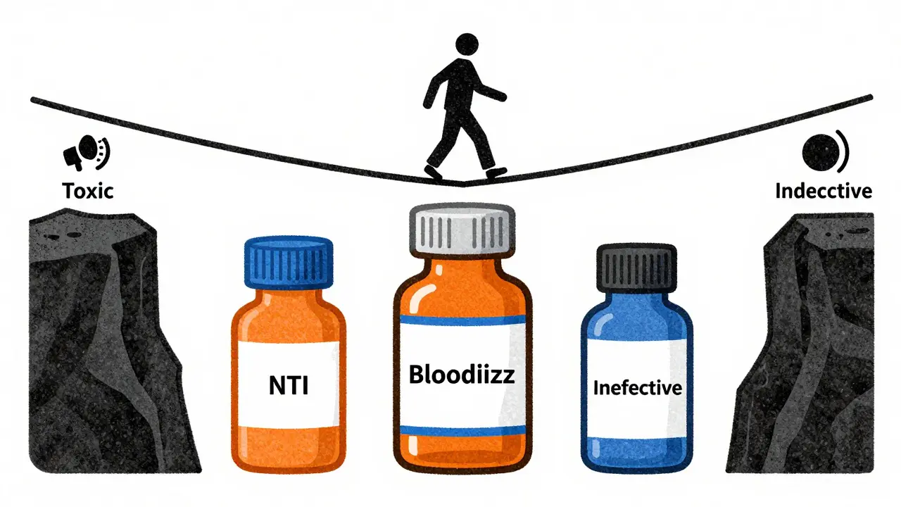 Graphic representation of narrow therapeutic index drugs balancing between toxic and ineffective levels.