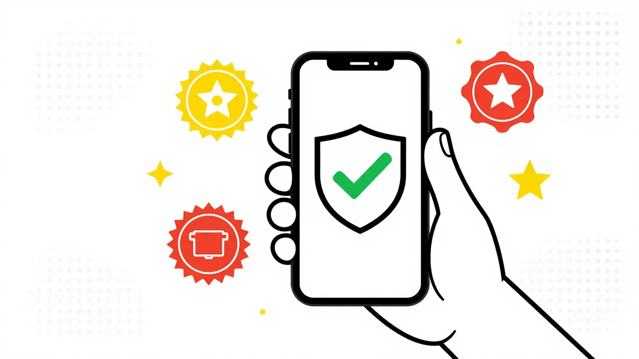 Graphic showing a secure mobile app interface for verifying pharmacy safety