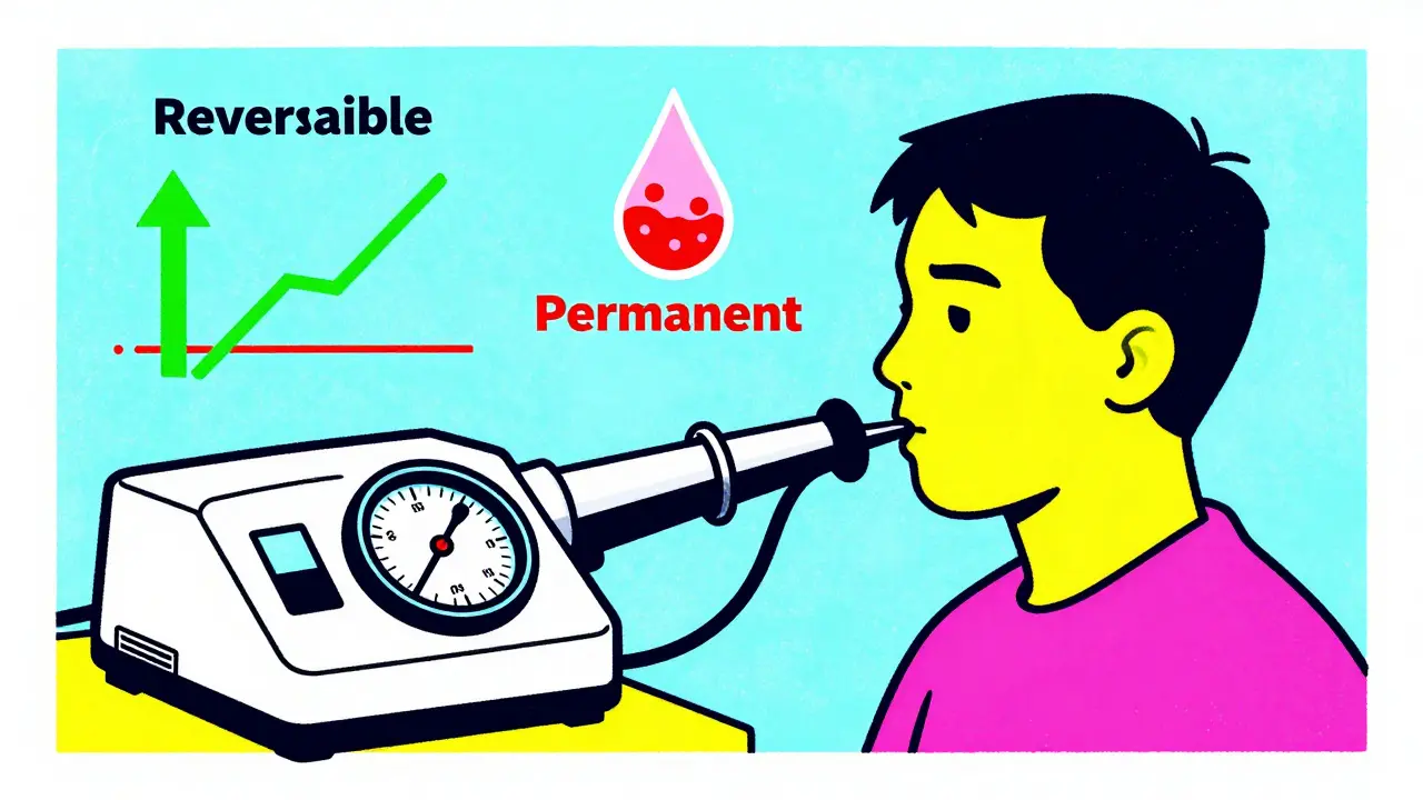 Graphic showing spirometry testing and diagnostic markers for lung diseases