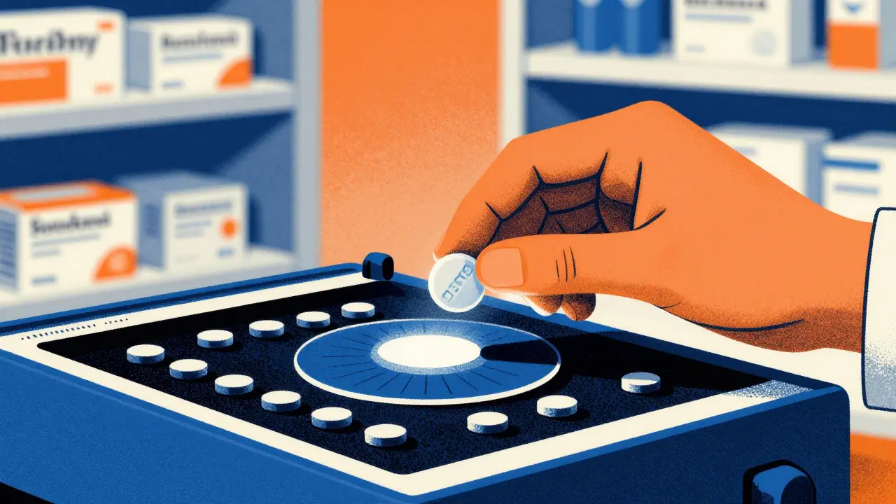 Hand holding a pill to check its imprint code