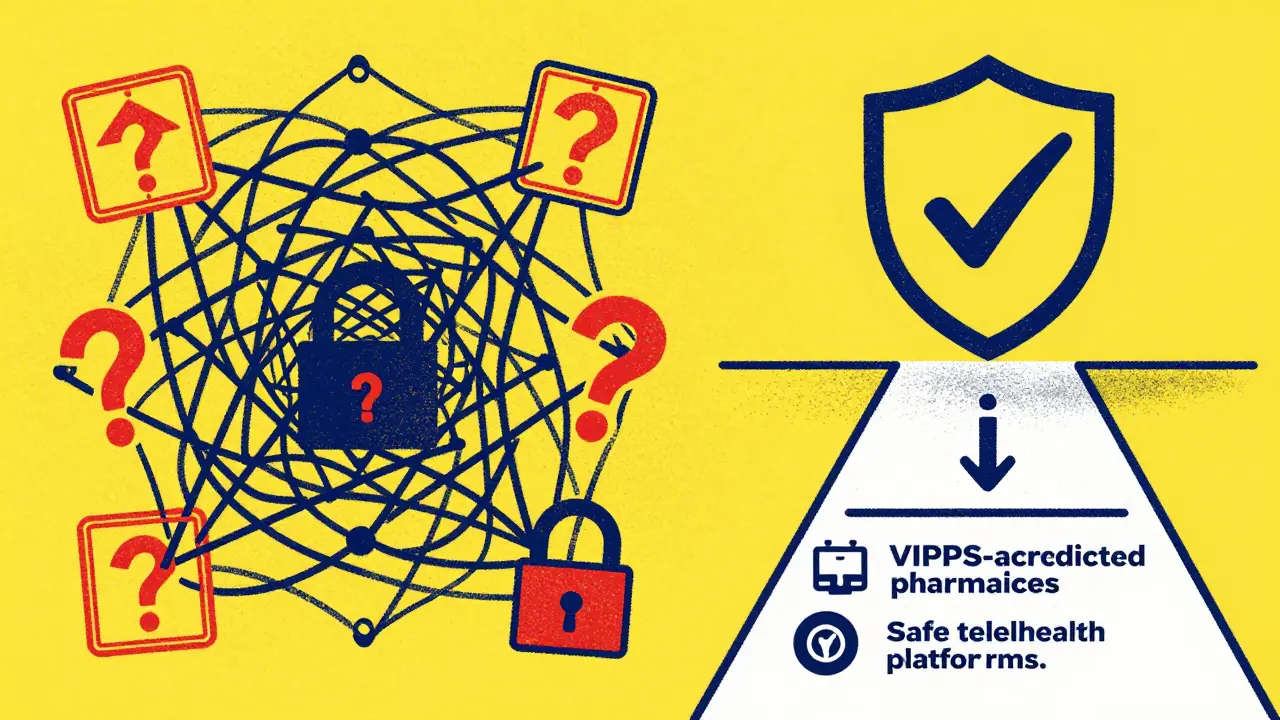 Illustration contrasting chaotic scam websites with a safe, verified pharmacy shield icon.