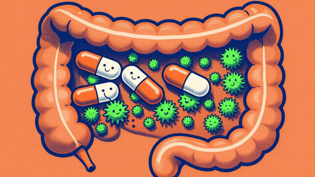 Illustration of medication binding bile acids in the intestine to prevent absorption