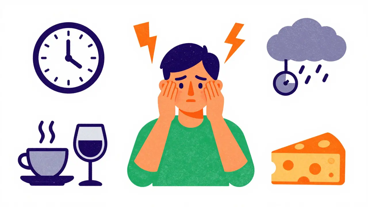 Illustration of migraine triggers including stress, sleep issues, and diet