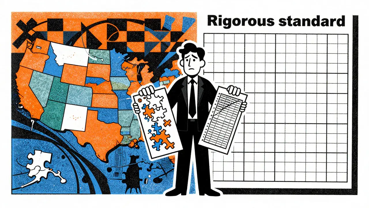 Lawyer choosing between fragmented state rules and strict federal grid in cartoon style