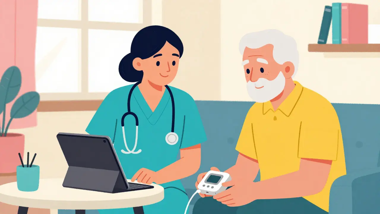Nurse helping senior patient set up telehealth tablet and monitor