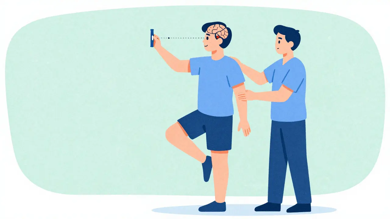 Patient performing balance exercises during vestibular rehabilitation therapy