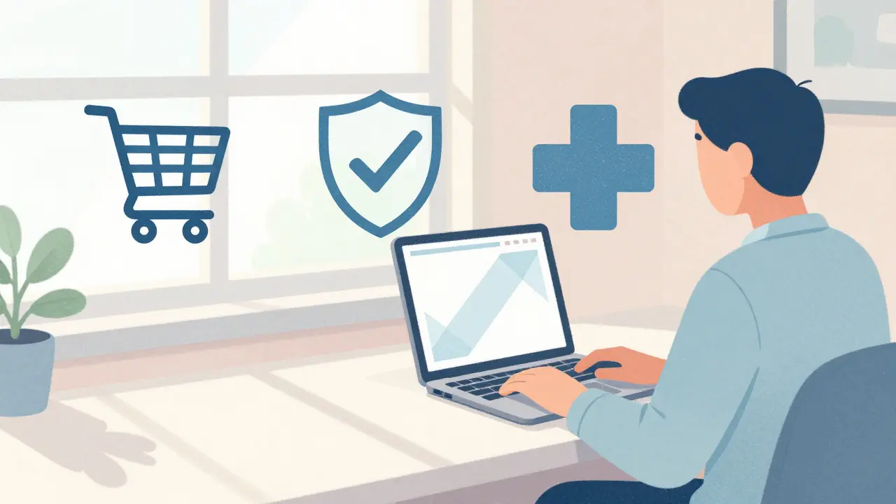 Person safely browsing for medication online with security icons nearby