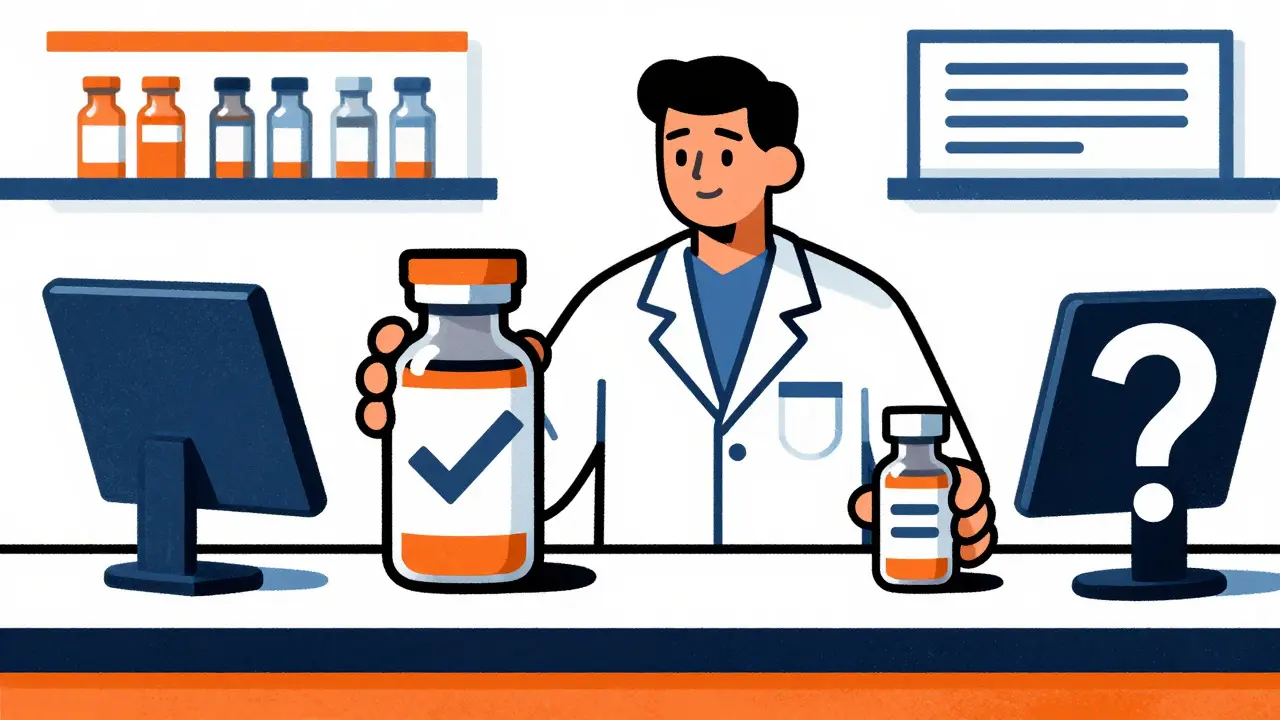 Pharmacist at counter comparing generic and biosimilar vials in colorful Risograph illustration.