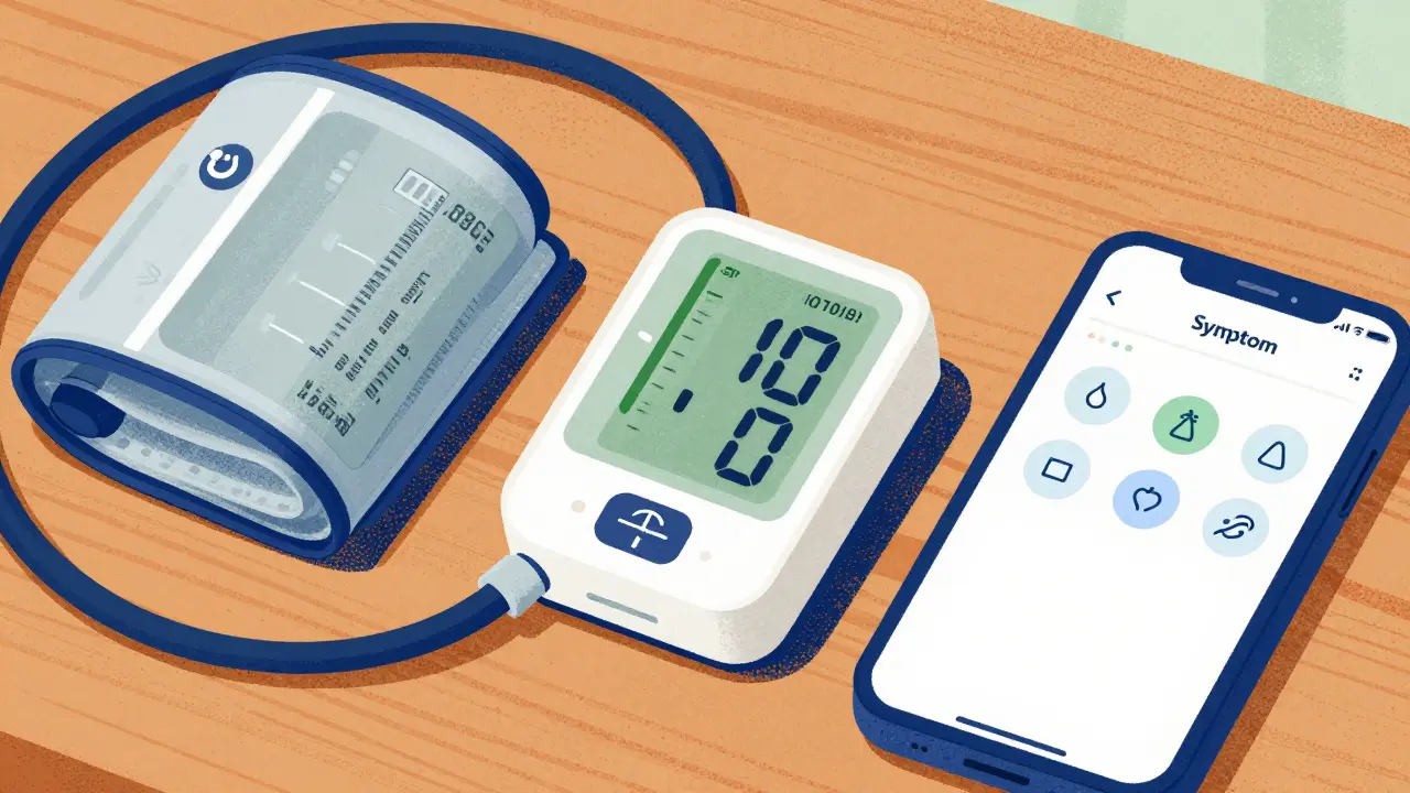 Remote monitoring devices like BP cuff and phone app on table