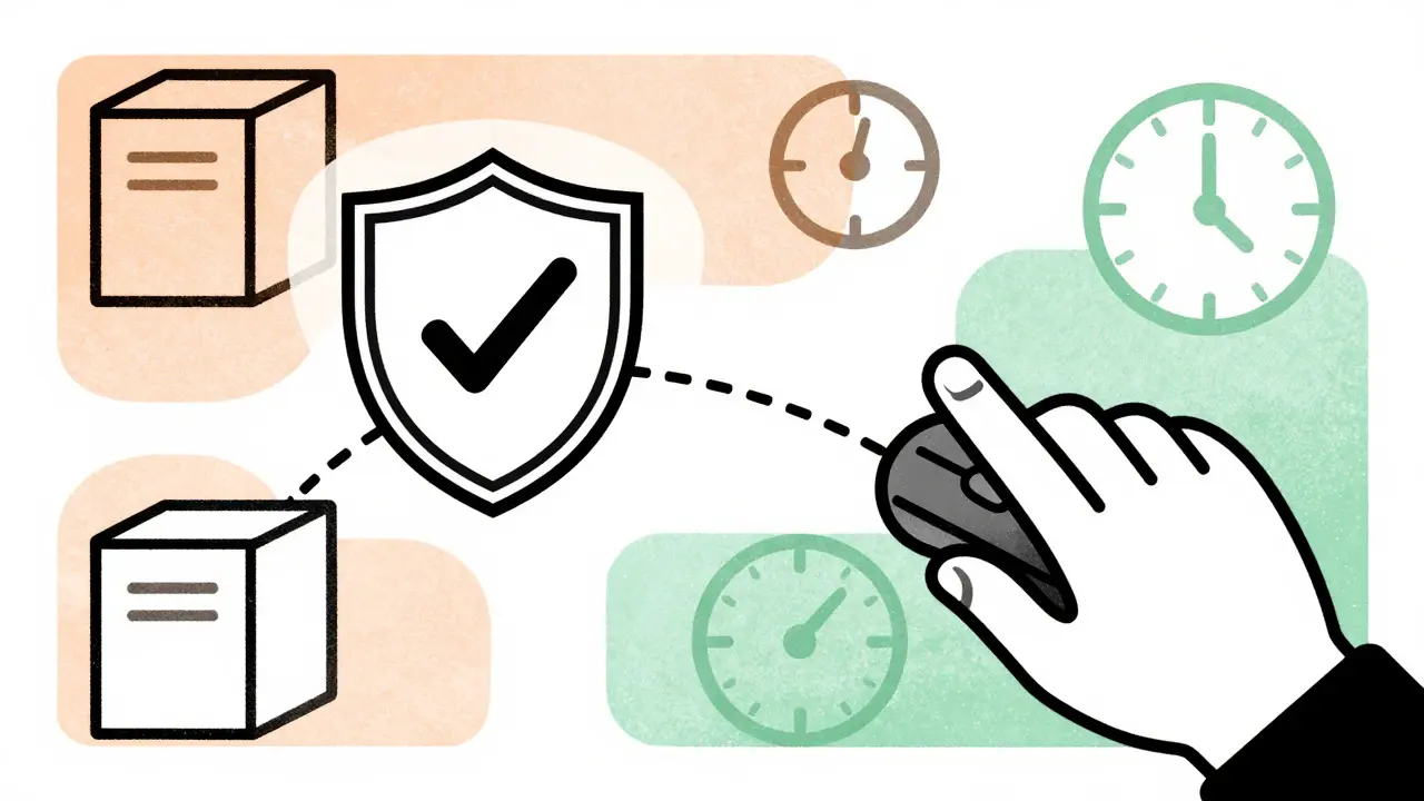 Secure online ordering process with shield icon and plain packages