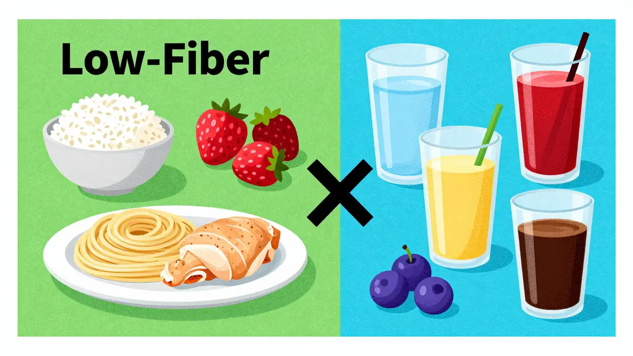Split screen showing allowed low-fiber foods and clear liquids
