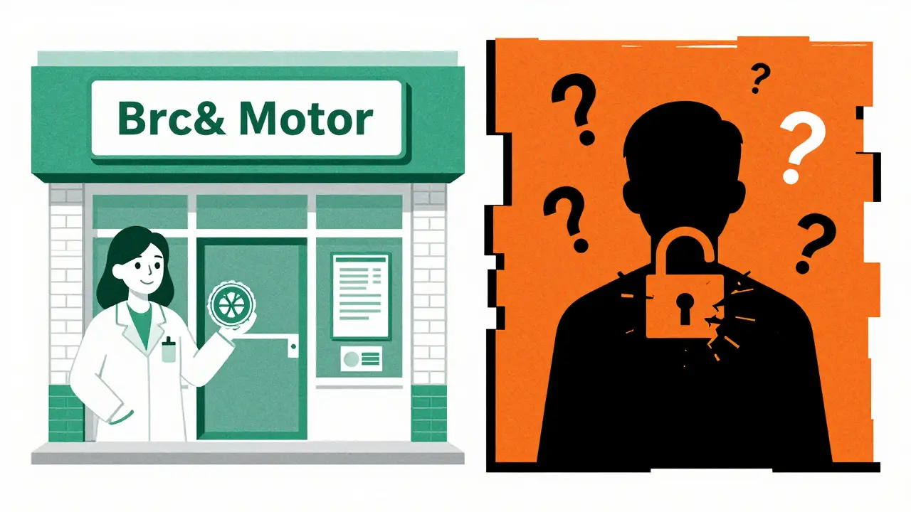 Split view comparing safe pharmacy to dangerous online site