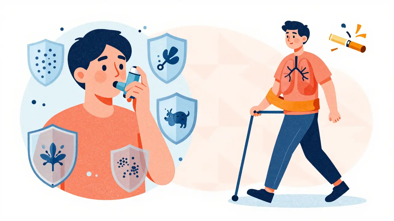 Visual contrast of asthma trigger avoidance versus COPD rehab and smoking cessation