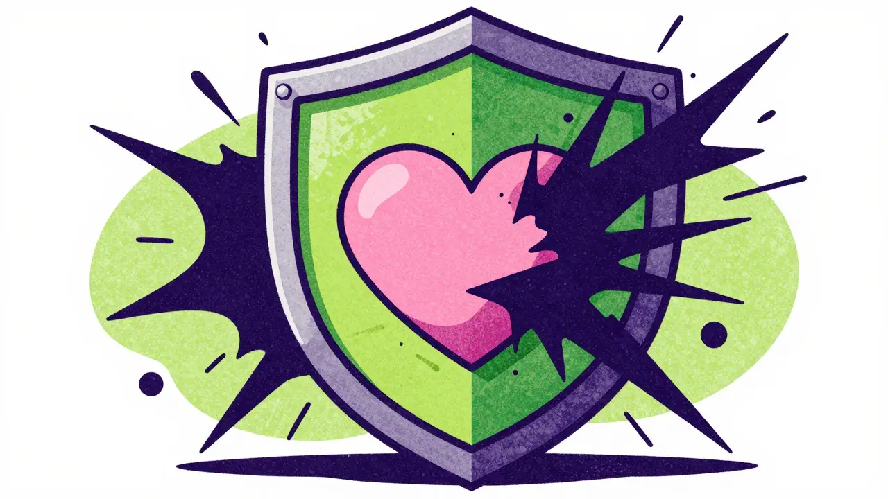 Abstract riso art showing a protective shield guarding a heart from dark splatters