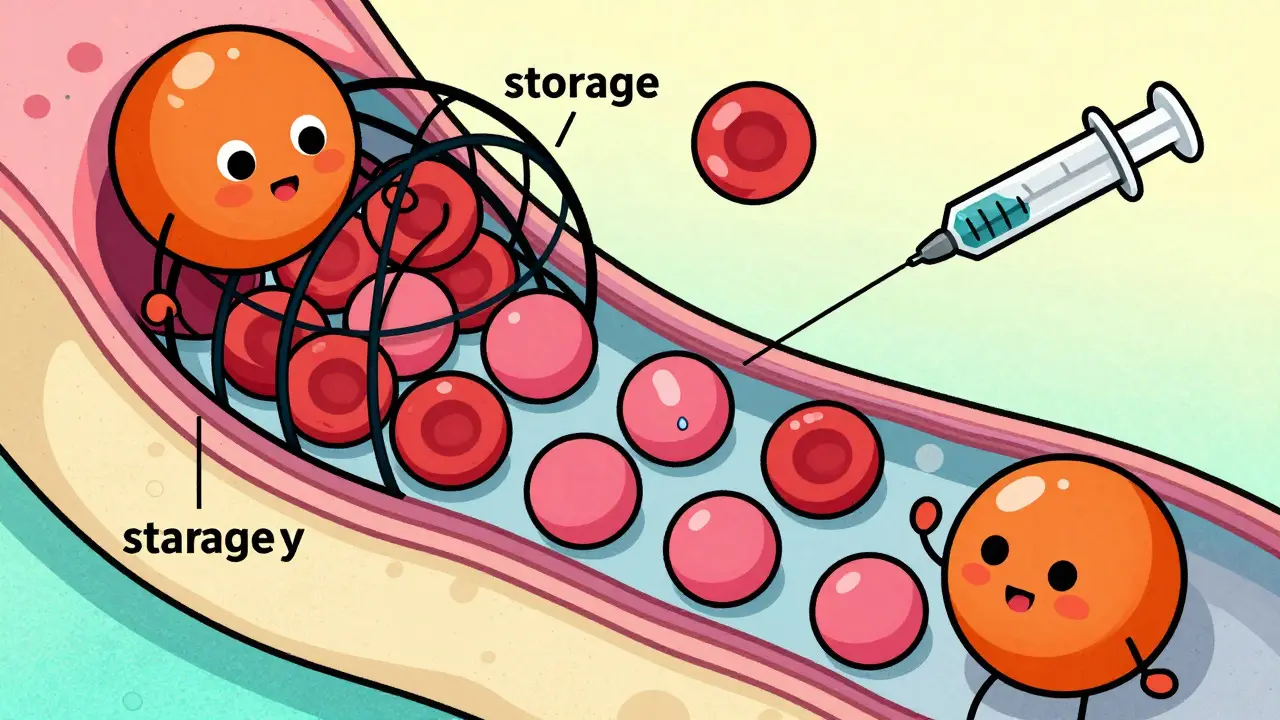 Cartoon depiction of iron molecules unlocking for red blood cell production