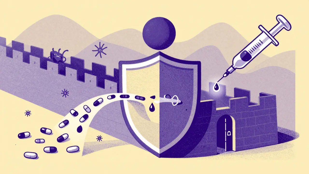 Cartoon-style art showing a fortress protected by both oral pills and precise injections