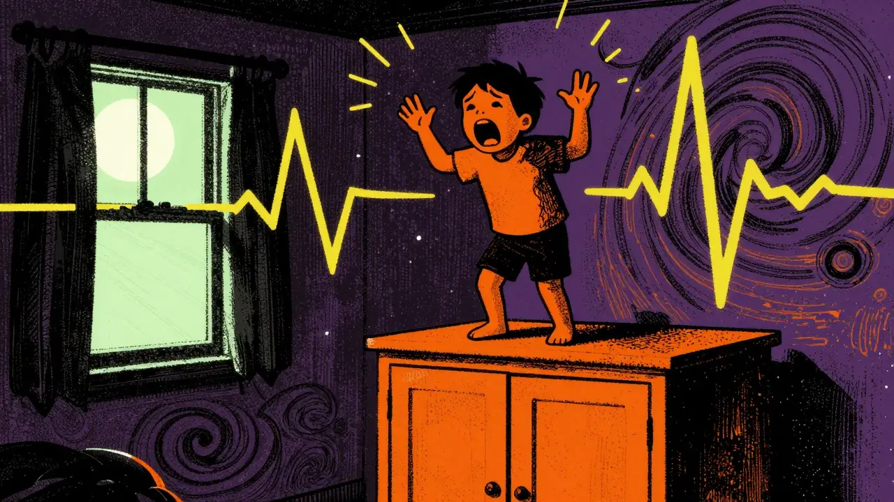 Child having a night terror on top of a wardrobe, Risograph art