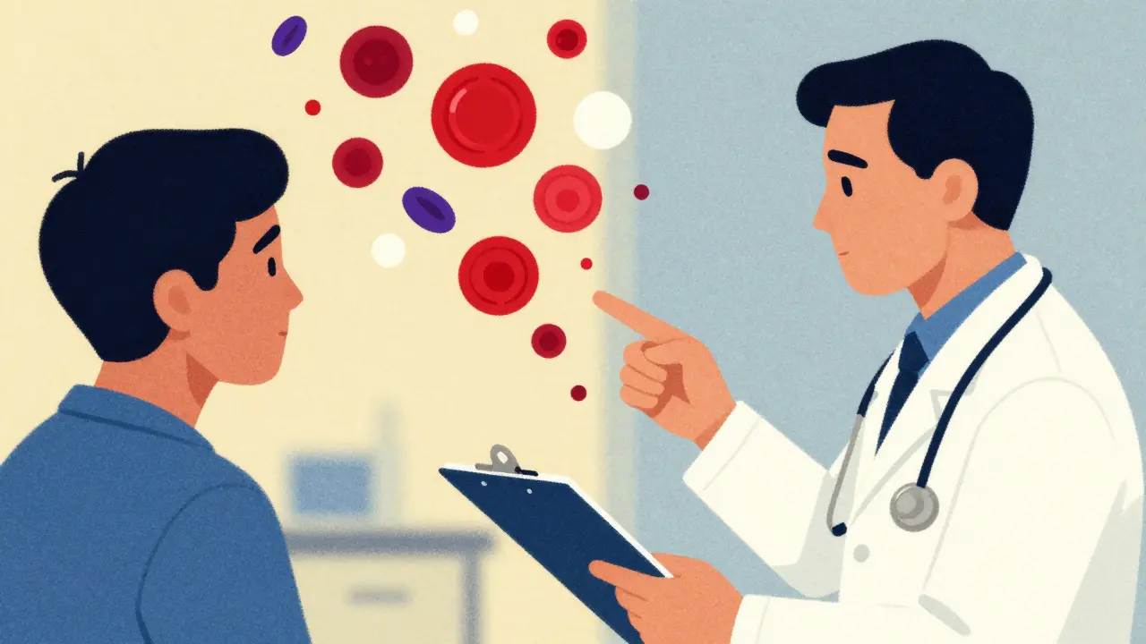 Doctor and patient discussing recovery, rising blood cell graphics