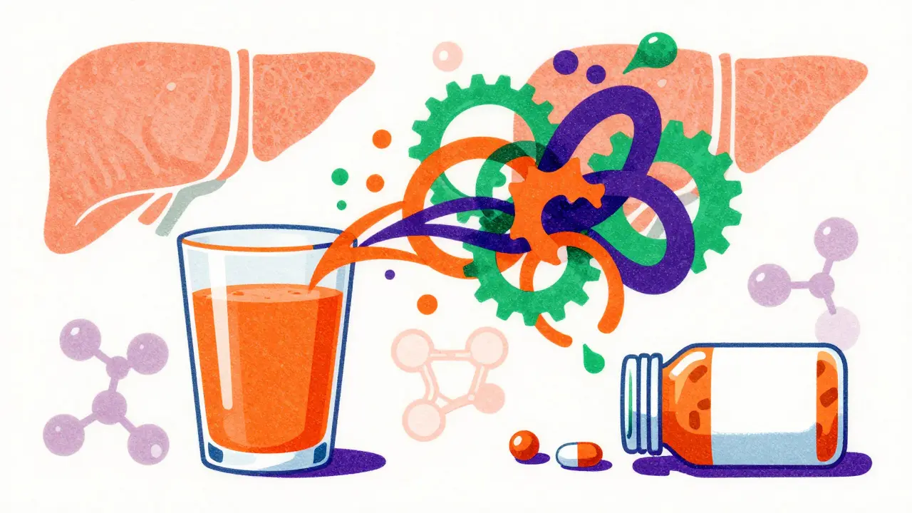 Grapefruit juice and pills merging into chaos, Risograph