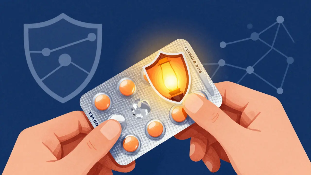 Hand holding pill pack with abstract shield symbols representing safe pharmacy verification.