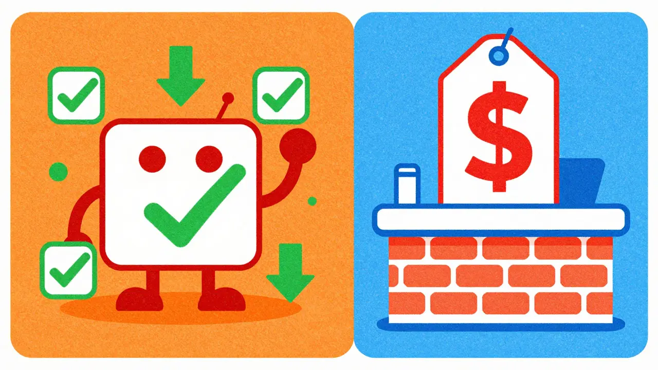 Illustration comparing online savings vs traditional pharmacy prices.