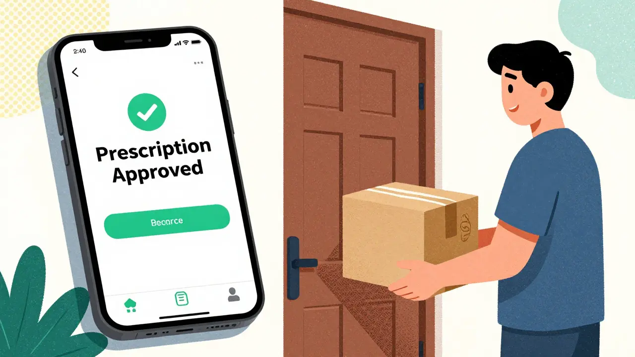 Illustration of approved prescription leading to medication delivery at the door.