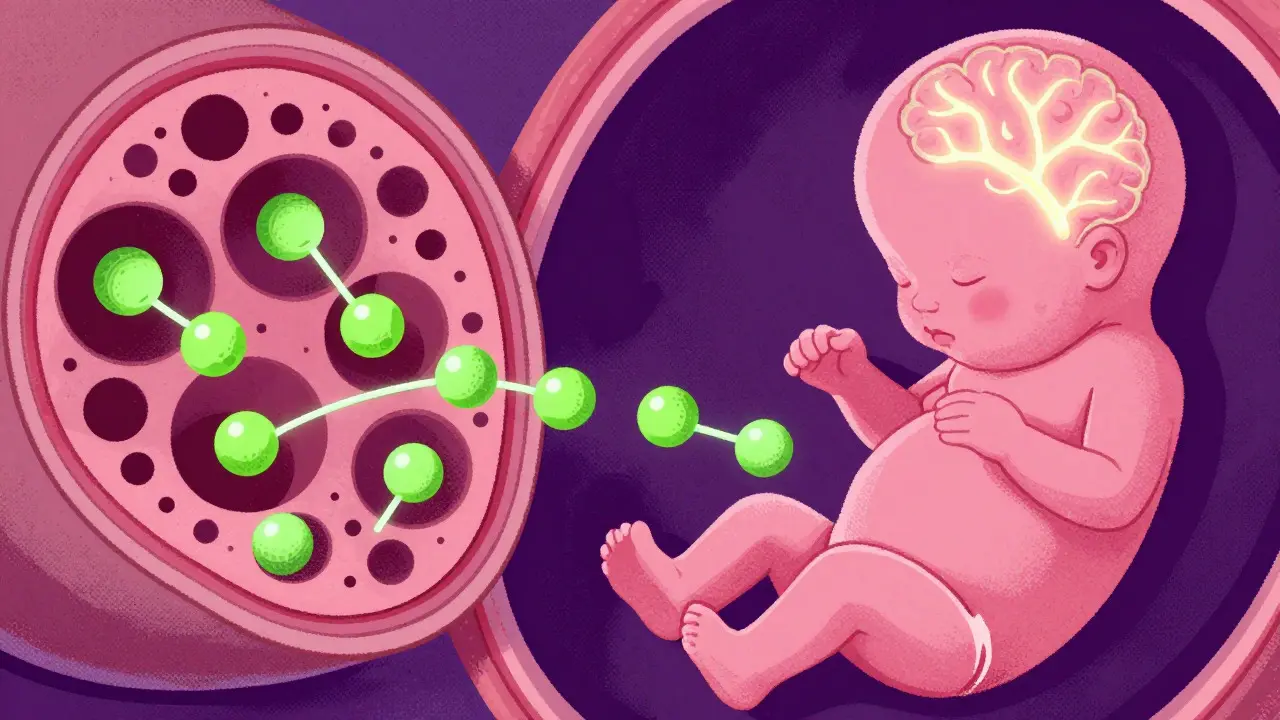 Illustration of drug molecules crossing placenta affecting fetal brain development