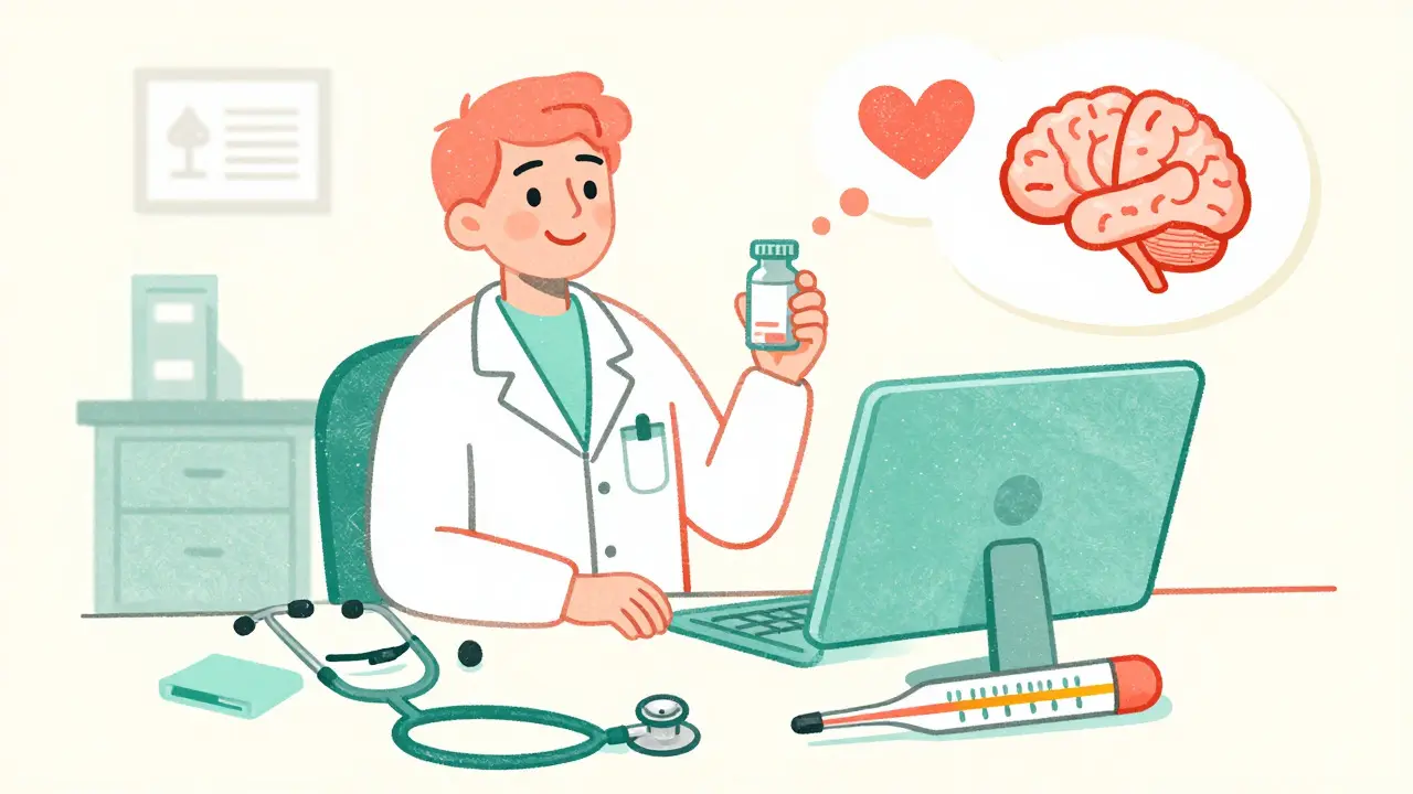 Patient taking oral medication with symbols for heart health and stability