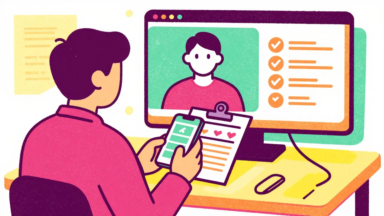 Riso print cartoon of a person using a phone for a telehealth appointment