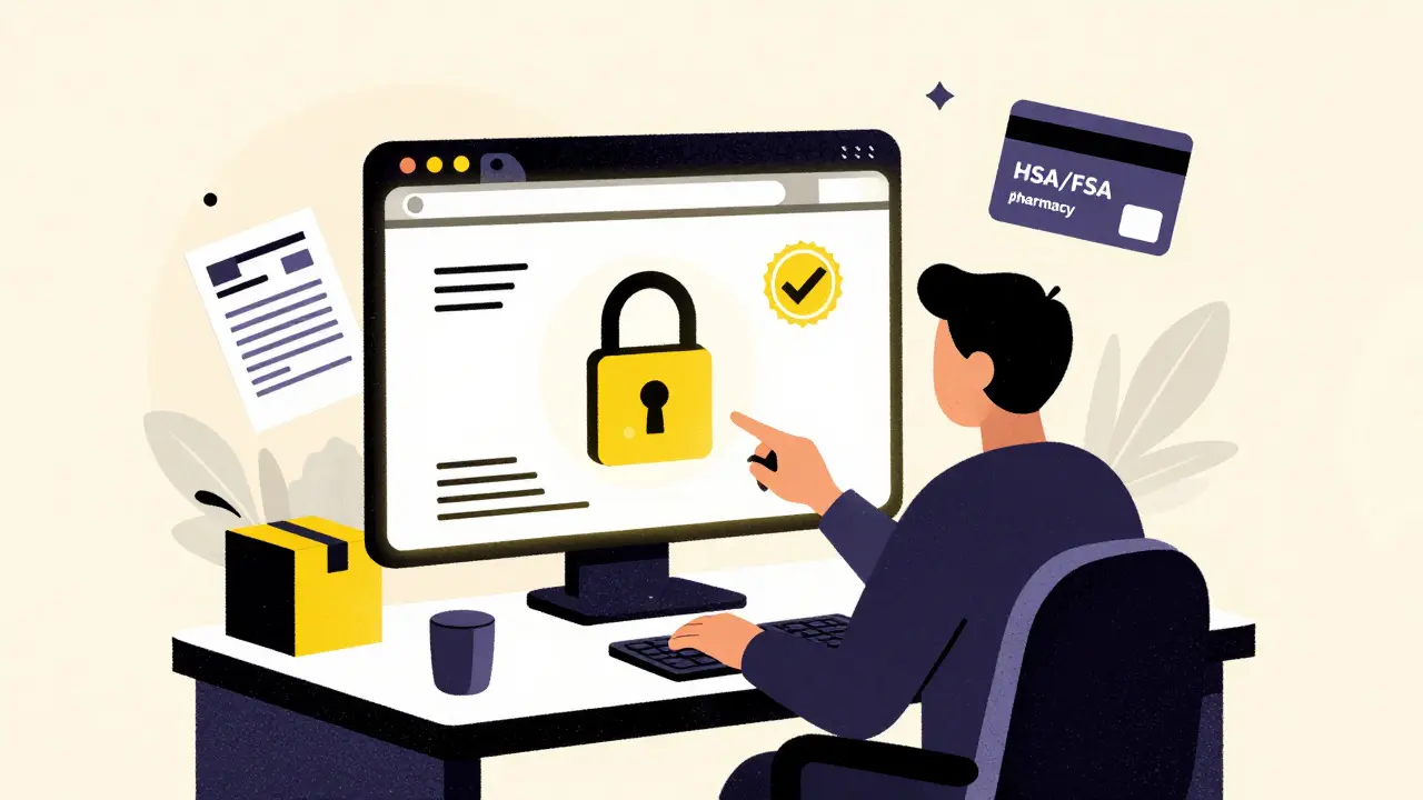 Secure online pharmacy order process with safety icons.
