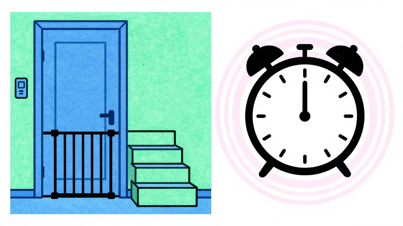 Secured bedroom door and alarm clock for sleep safety, Risograph