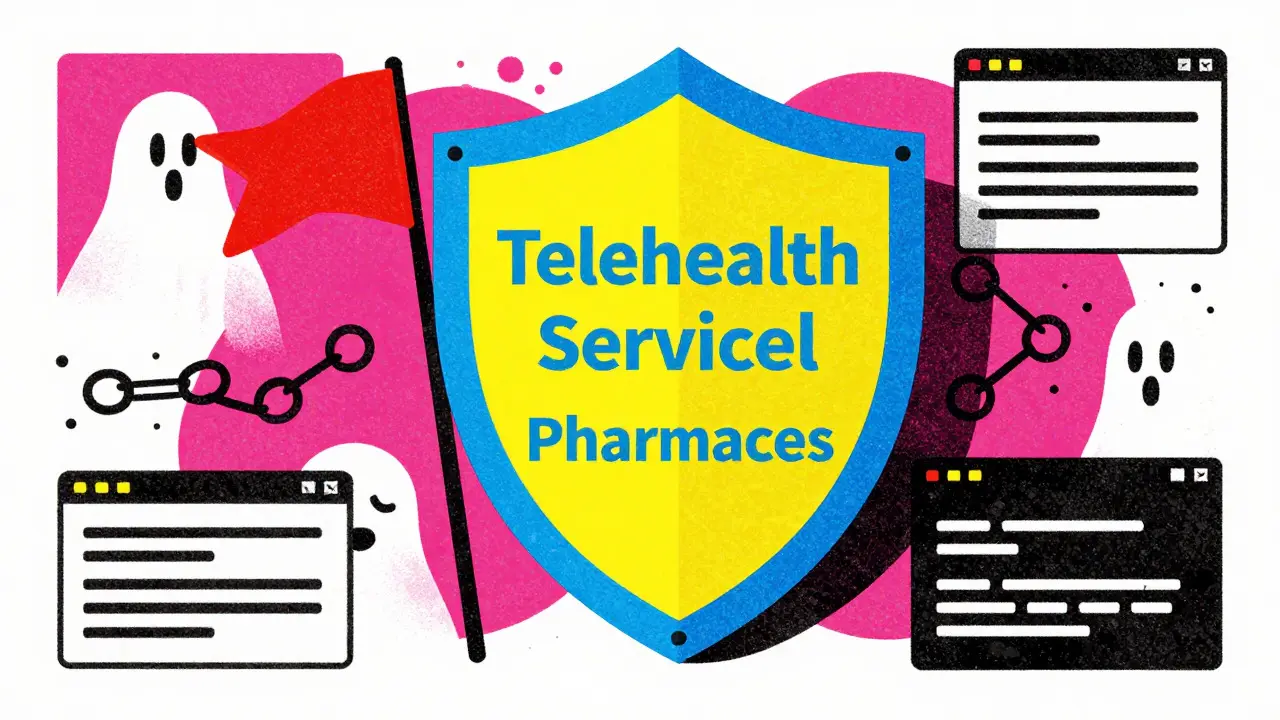 Shield protecting against online pharmacy scams in Risograph style