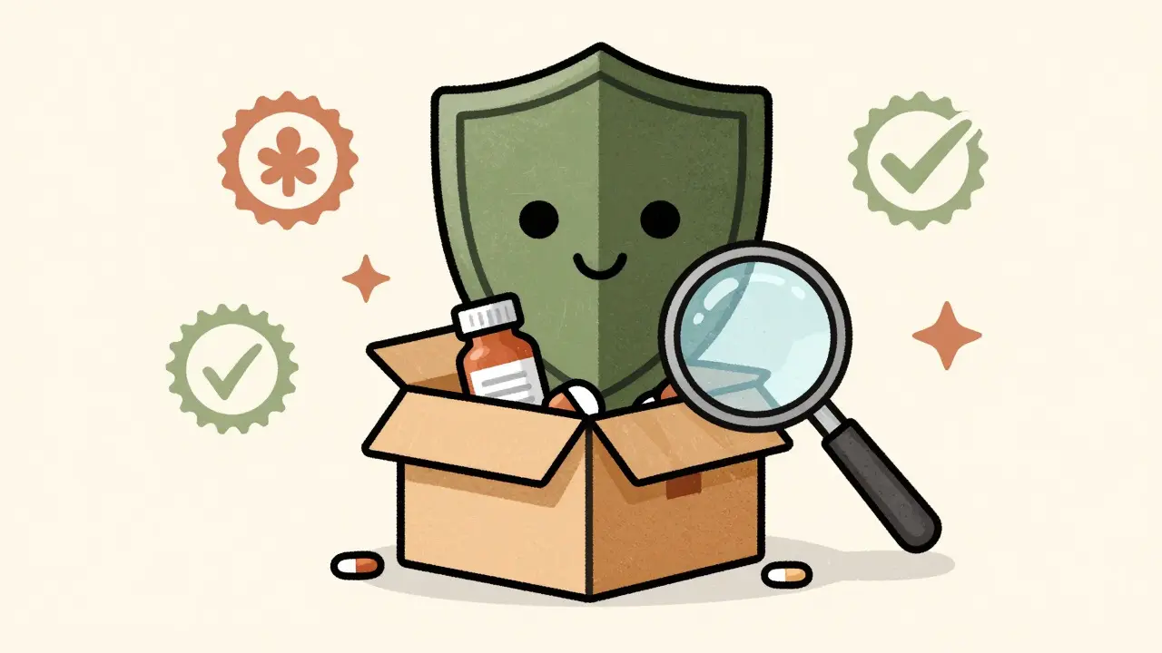 Shield protecting medicine package with magnifying glass inspection