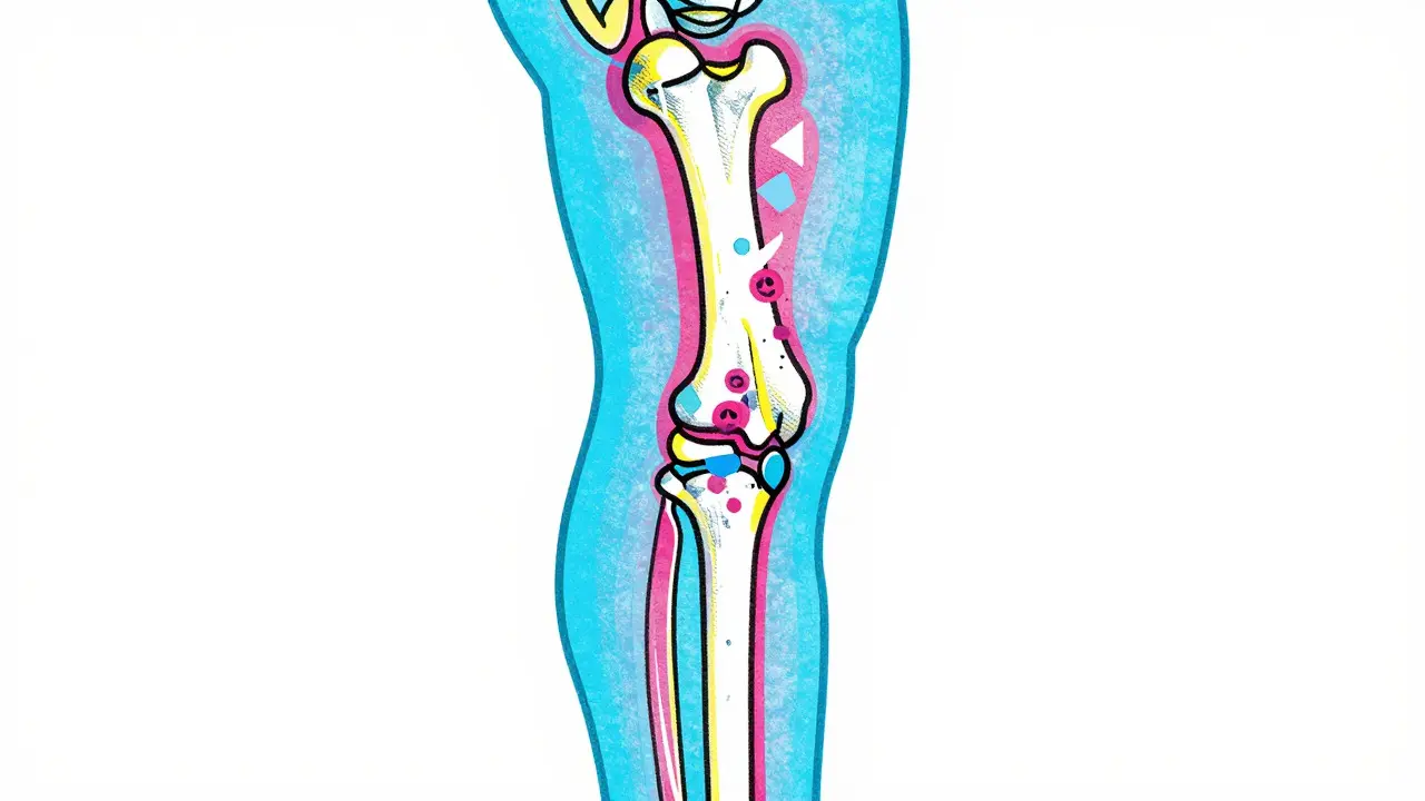 Stylized skeleton showing empty bone marrow, risograph art
