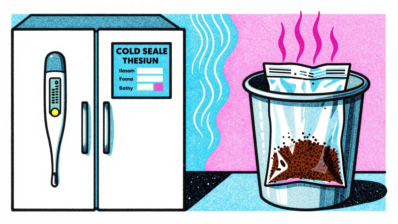Thermometer monitoring fridge temp and proper drug disposal in trash.