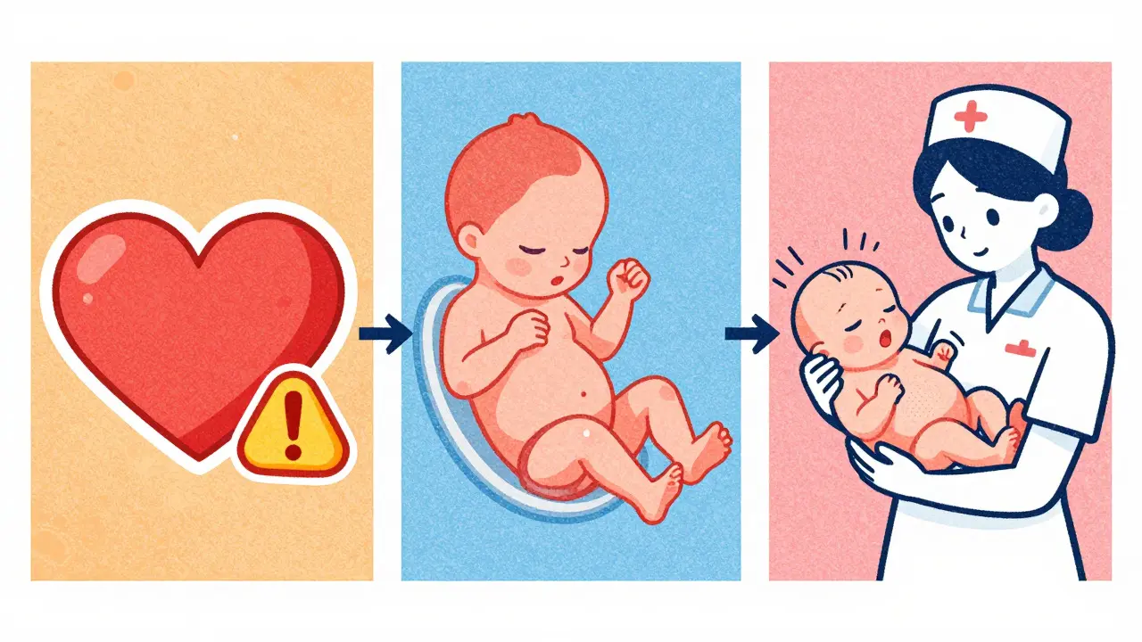 Three-panel comic showing pregnancy stages and associated health risks