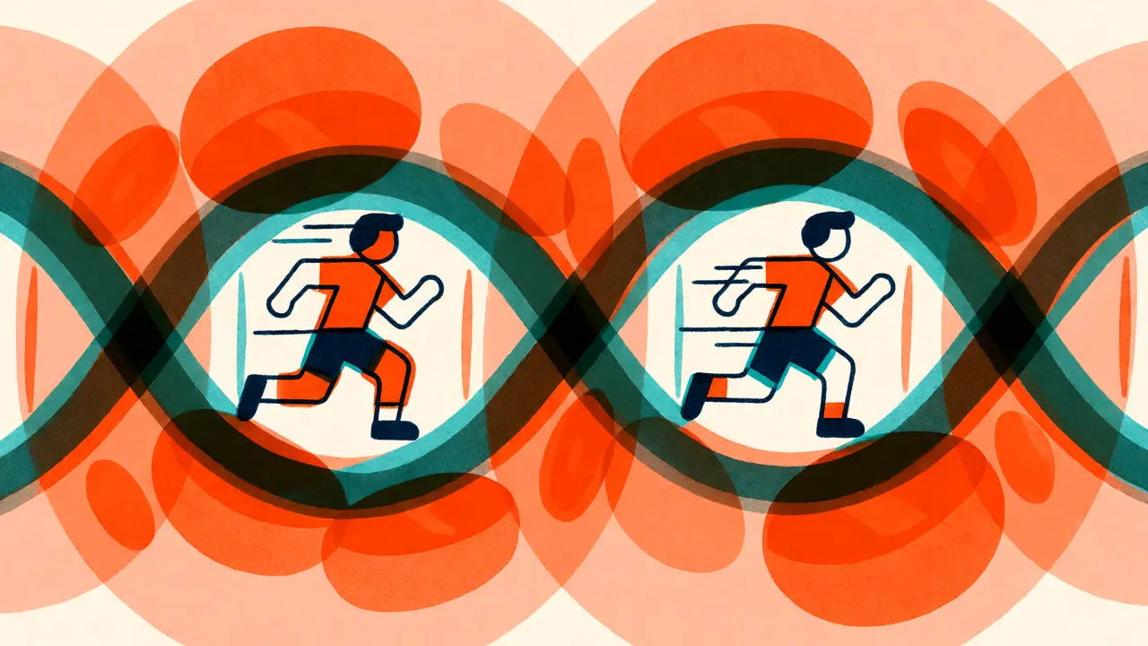 Abstract runners racing in bloodstream symbolizing equal drug absorption rates