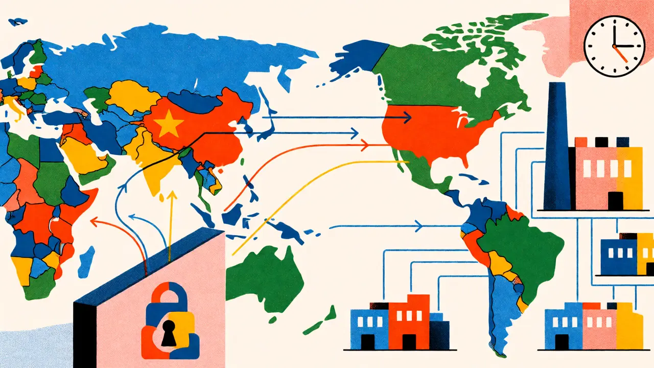 Global map showing blocked trade routes to the US market.